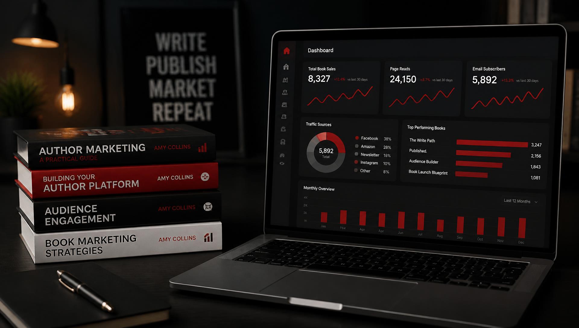 Books beside a laptop displaying book marketing analytics dashboards