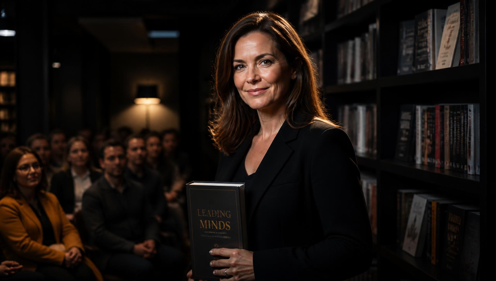 Confident author holding her book in a dark modern library with readers seated behind