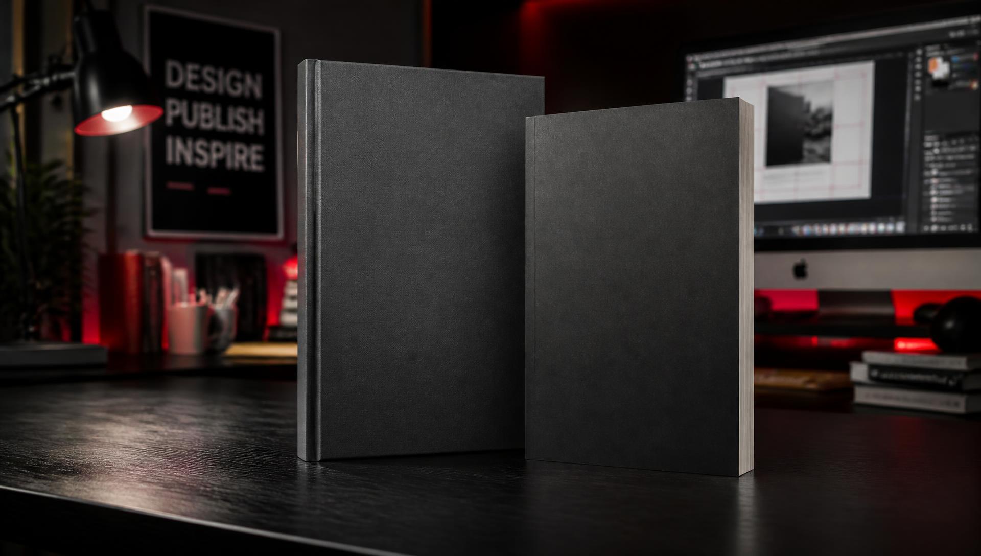 Hardcover and paperback book mockups on a designer's workstation
