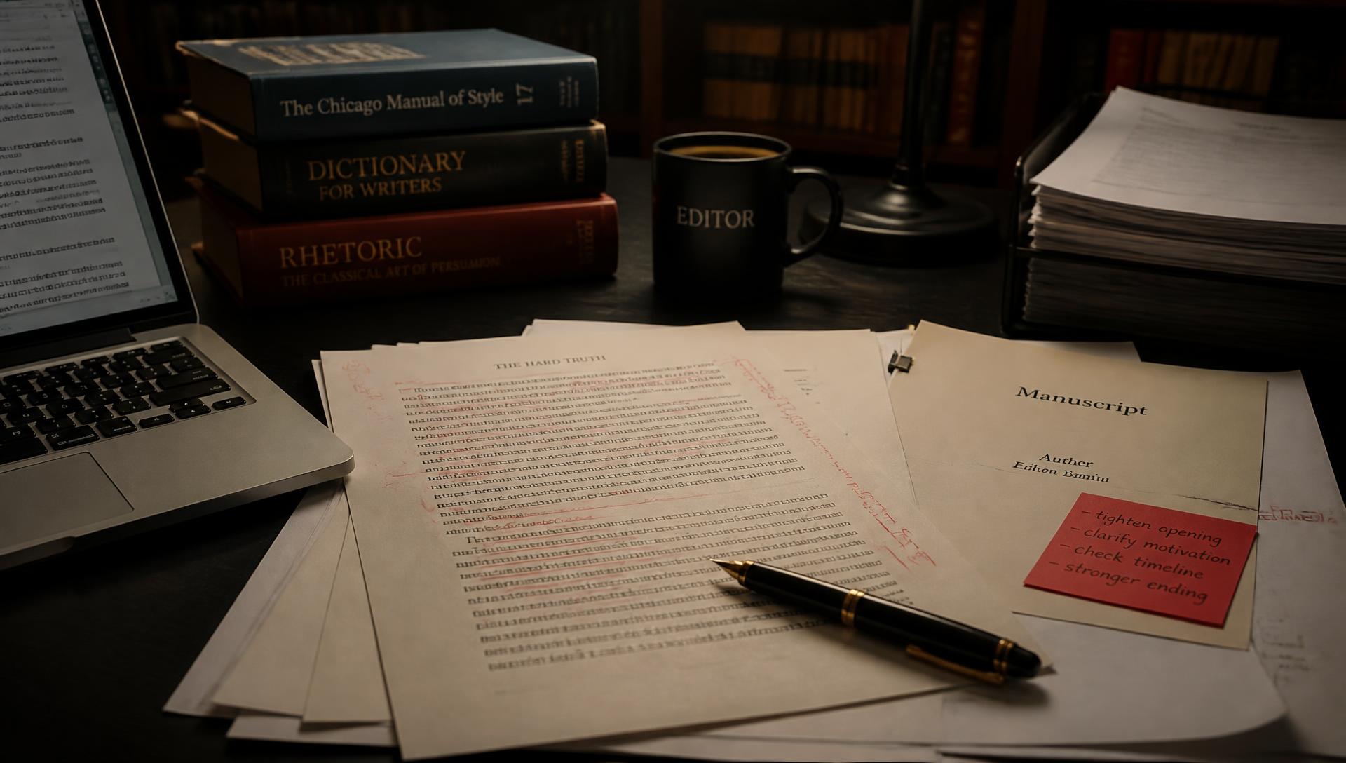 Marked-up manuscript pages, a fountain pen and editorial reference books on a dark desk
