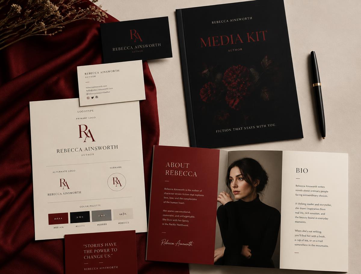 Author branding flat lay with logotype sheet, business cards, media kit and bio spread in red and black