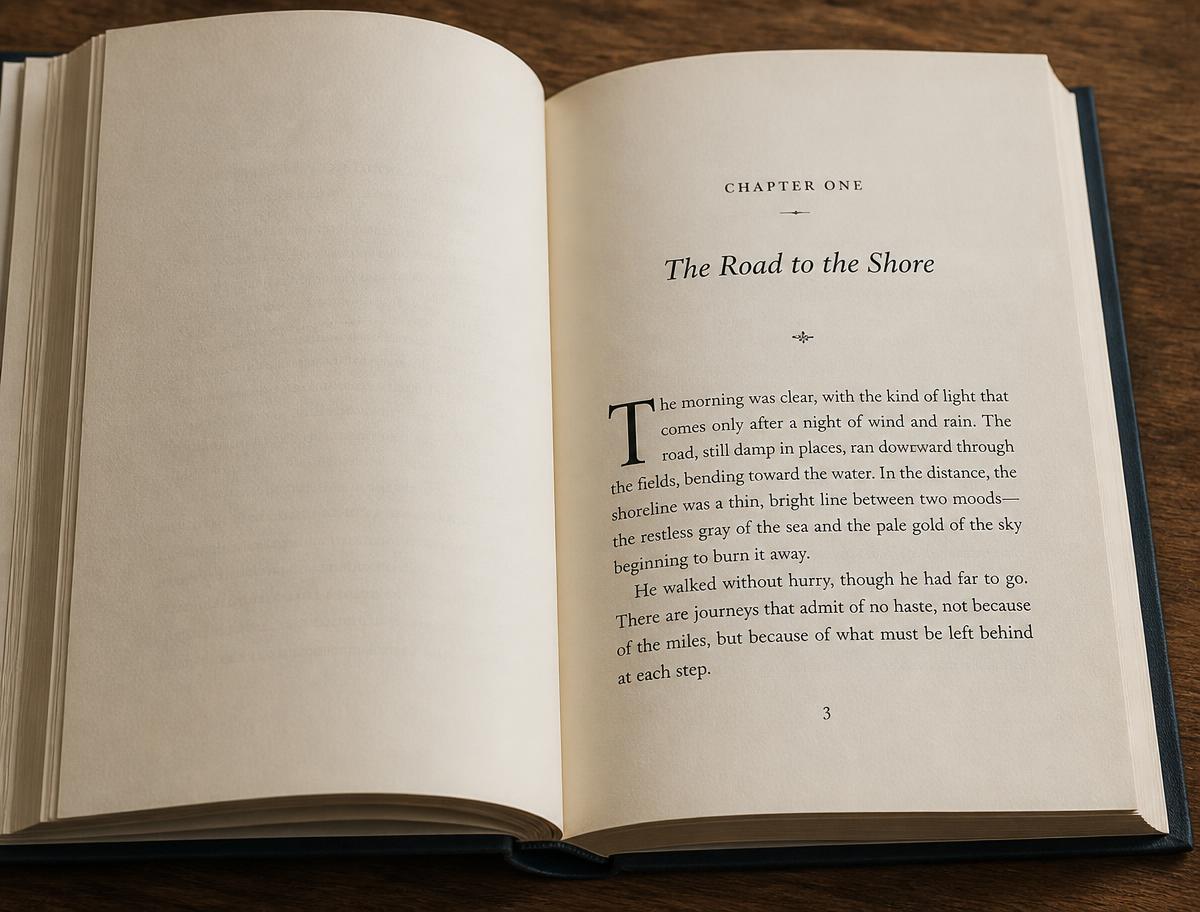 Open hardcover showing a classic chapter opener with drop cap, ornament and generous margins