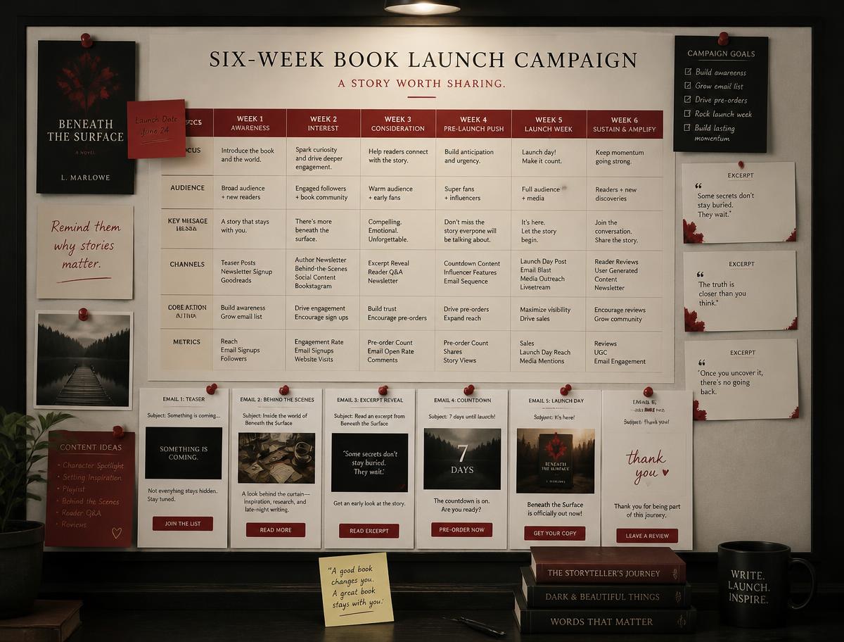 Planning board showing a six-week book launch calendar with email mockups and excerpt cards pinned around it