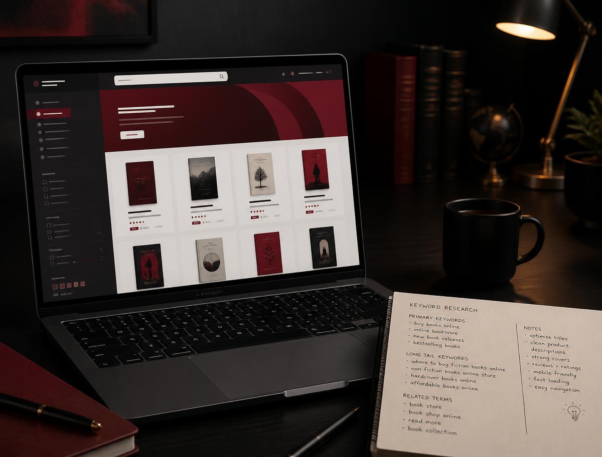 Laptop showing a book retail listing layout beside a notebook of keyword research on a dark desk