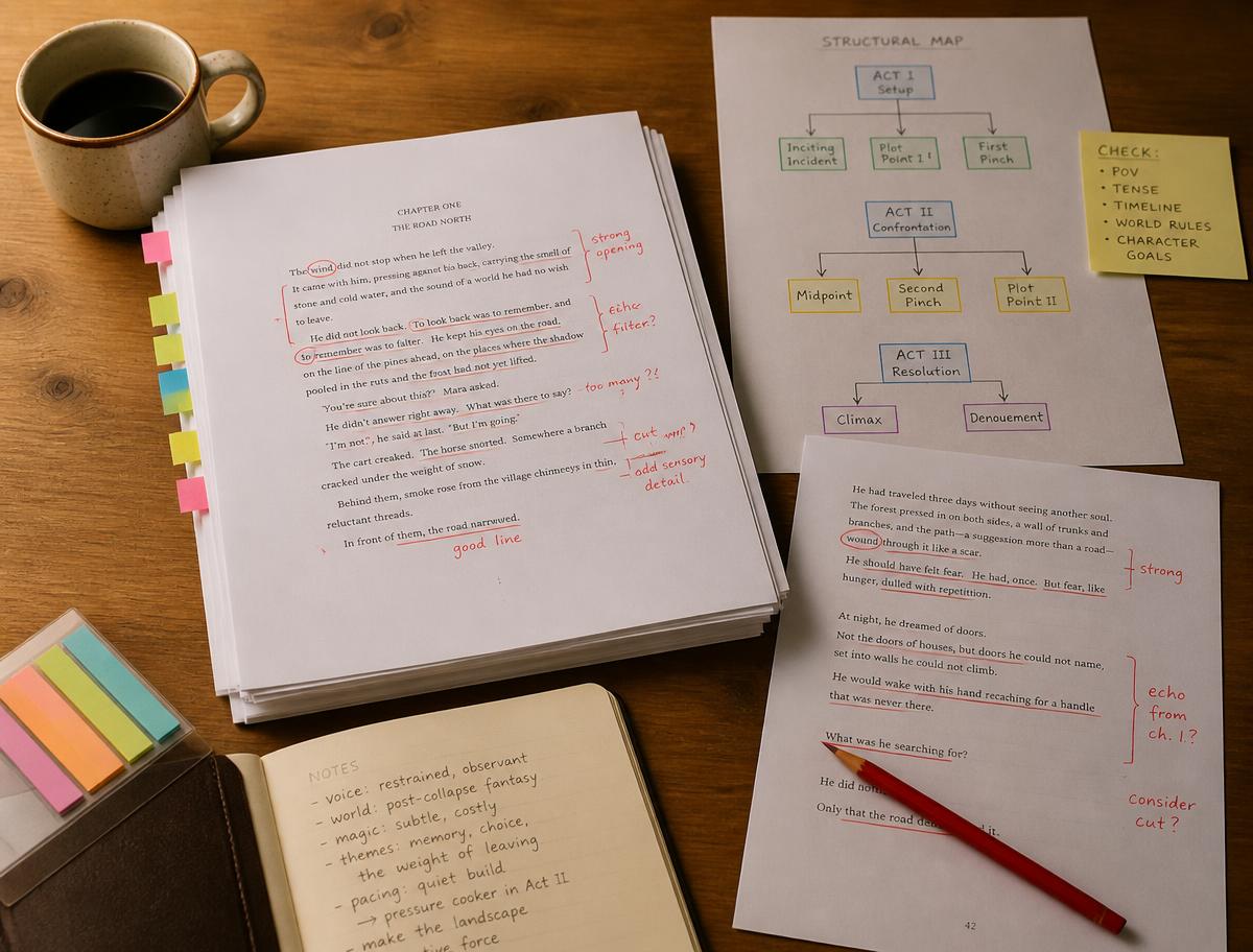 Manuscript pages with red editorial markup, coloured tabs and a hand-drawn three-act structural map on a desk