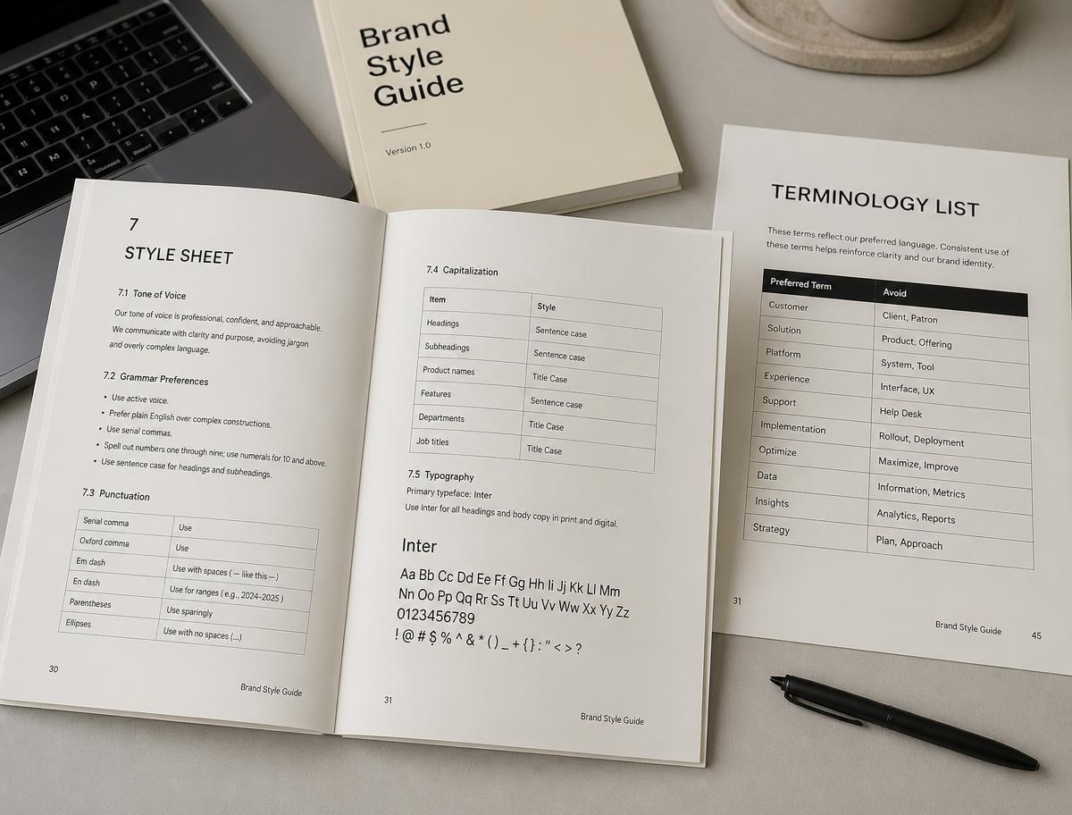 Open style sheet and terminology list beside a laptop on a clean neutral desk