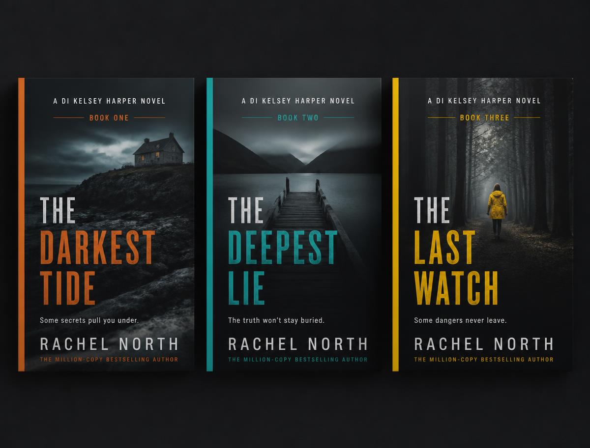 Three concept suspense covers in a matching series system with rotating accent colours on a dark background