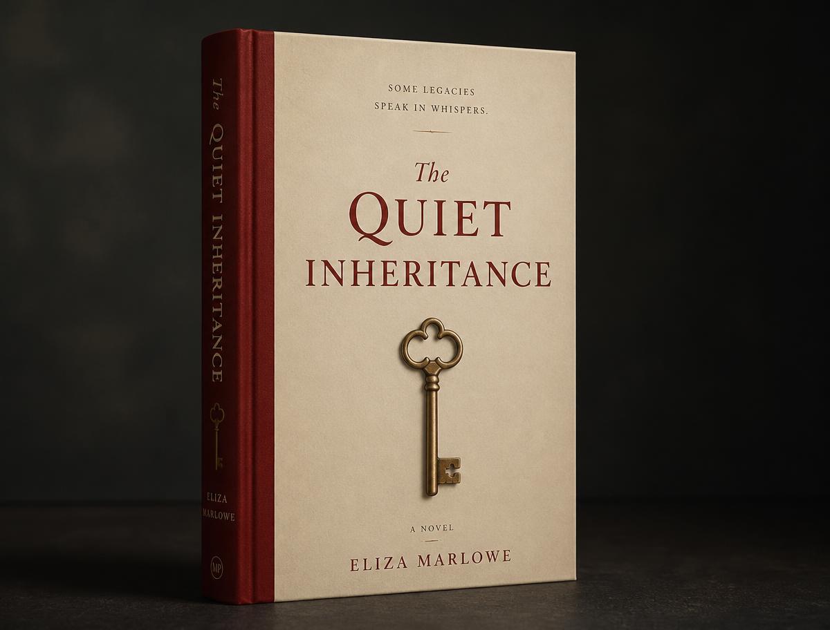 Concept hardcover for The Quiet Inheritance, cream jacket with deep red serif title and brass key motif